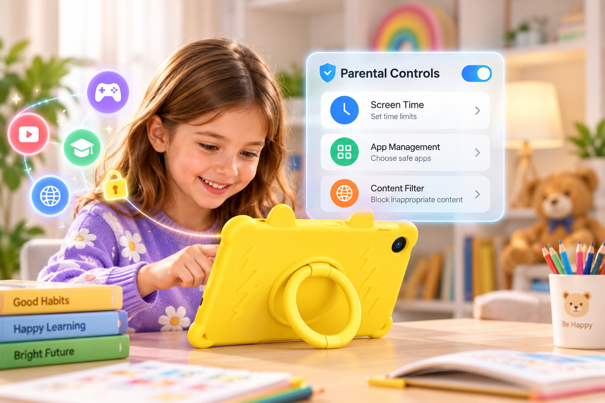 Parent and child exploring a tablet together